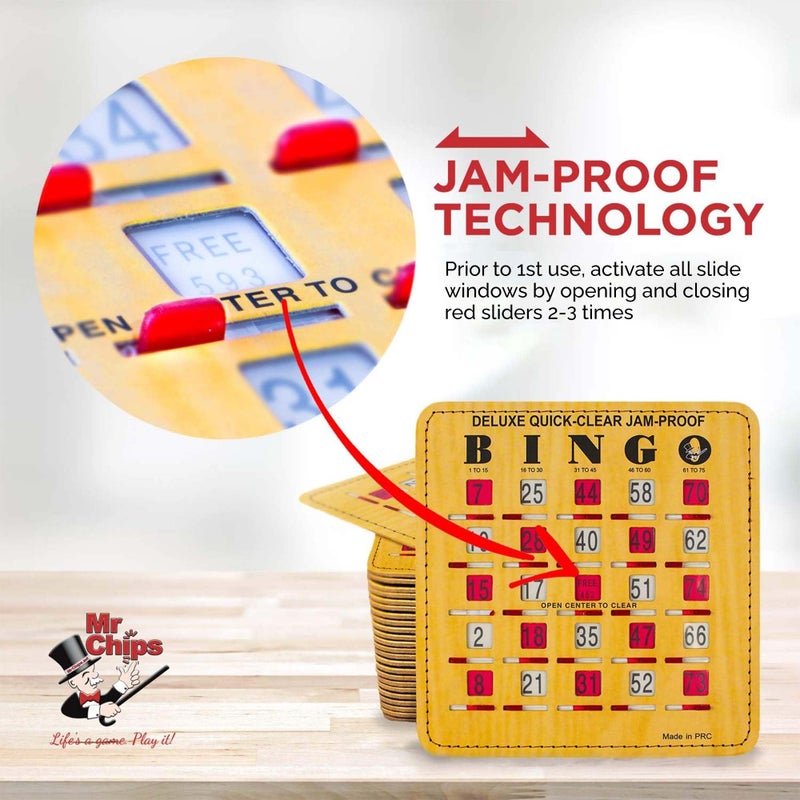 MR CHIPS Jam-Proof Quick-Clear Deluxe Fingertip Slide Bingo Cards with Sliding Windows 100 Pack in Woodgrain Style - Image 2
